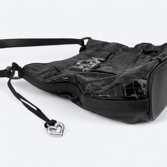 Brighton Cher Glam Black Croco Embossed Patent Leather Silver Shoulder Bag - Picture 4 of 13